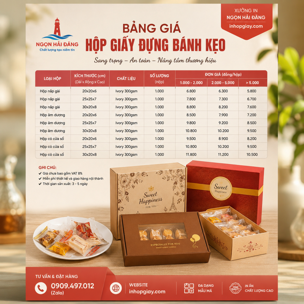 bảng giá hộp giấy đựng bánh kẹo Ngọn Hải Đăng