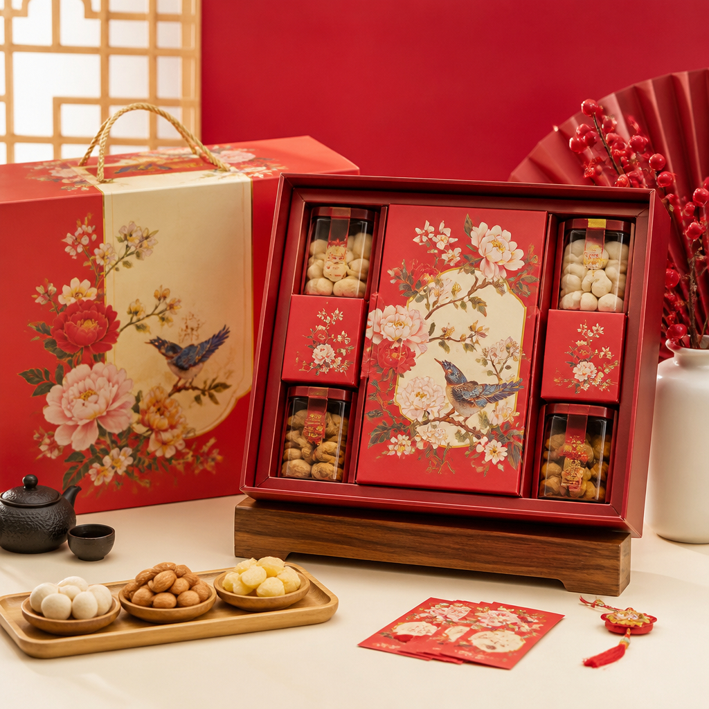 Thiết kế hộp quà Tết sang trọng với hoa văn truyền thống, chất liệu cao cấp, thể hiện sự tỉ mỉ và tinh tế trong từng đường nét