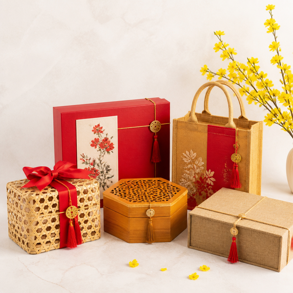 Bộ sưu tập các mẫu hộp quà Tết đa dạng về chất liệu, từ giấy Kraft mộc mạc đến hộp cứng sang trọng, thể hiện nhiều lựa chọn cho khách hàng