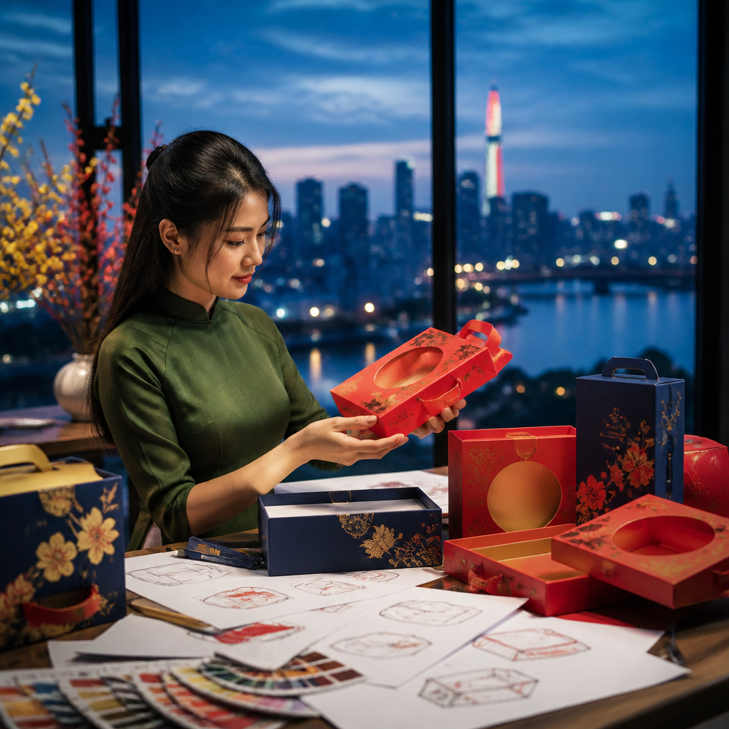 Quy trình thử nghiệm và tinh chỉnh mẫu mã hộp quà Tết với nhiều phiên bản, kiểm tra từng chi tiết trước khi sản xuất hàng loạt