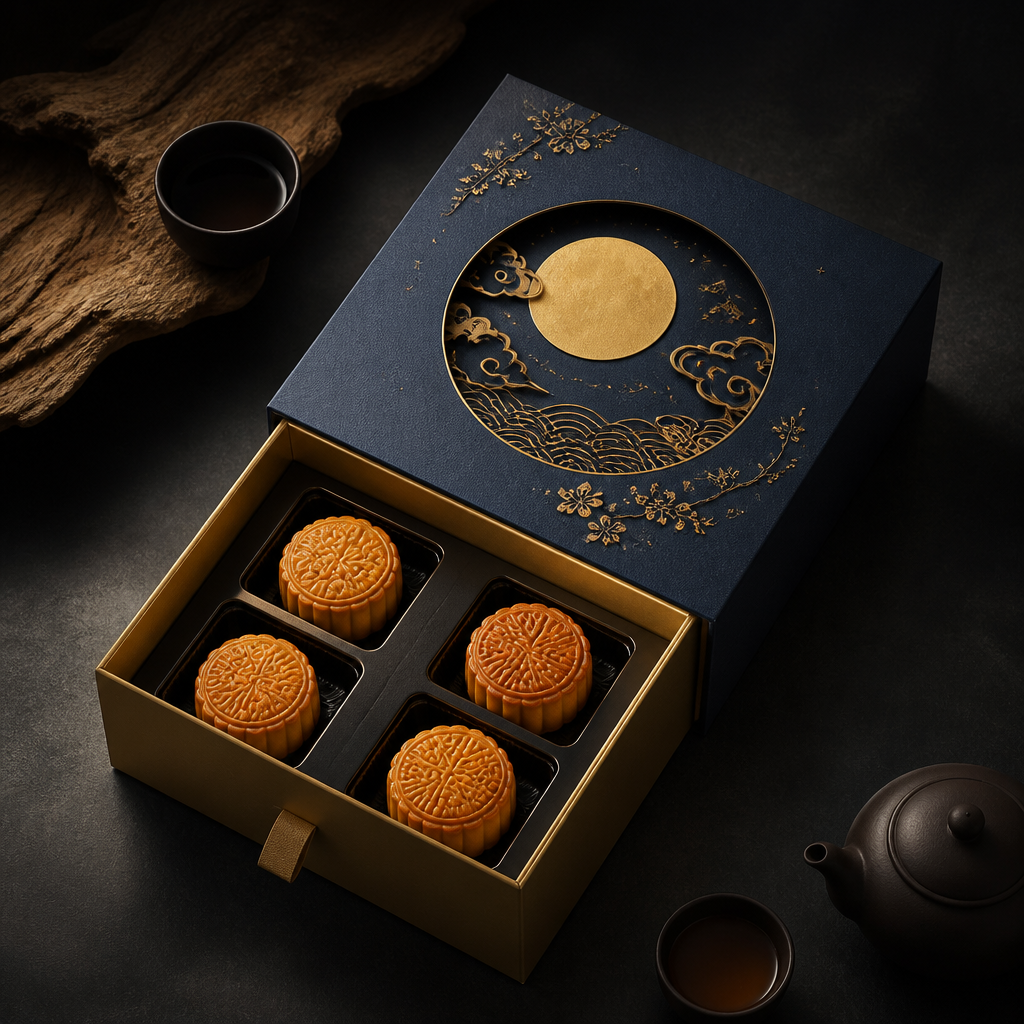 Mẫu hộp bánh trung thu 2026 với thiết kế hộp trung thu tối giản, sang trọng, màu sắc tự nhiên