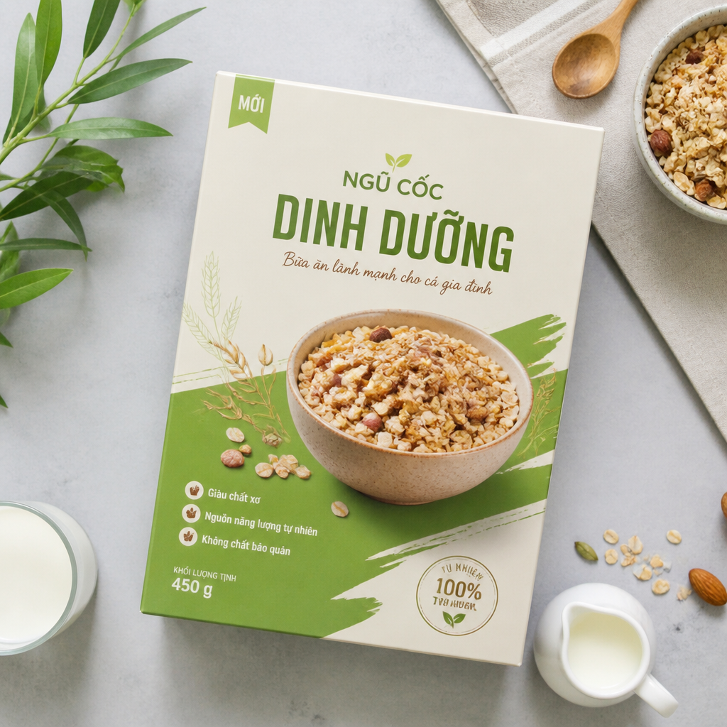 Bản vẽ thiết kế đồ họa 3D của hộp giấy đựng ngũ cốc với các hình ảnh và màu sắc sống động, thể hiện sự sáng tạo và chuyên nghiệp.