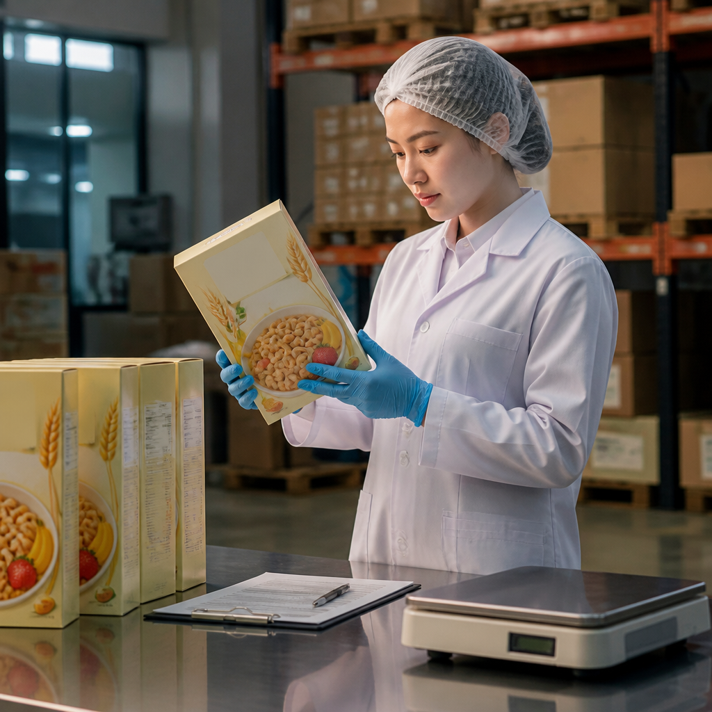 Chuyên gia kiểm tra chất lượng đang kiểm tra bao bì ngũ cốc trên dây chuyền sản xuất để đảm bảo tuân thủ các tiêu chuẩn an toàn thực phẩm.
