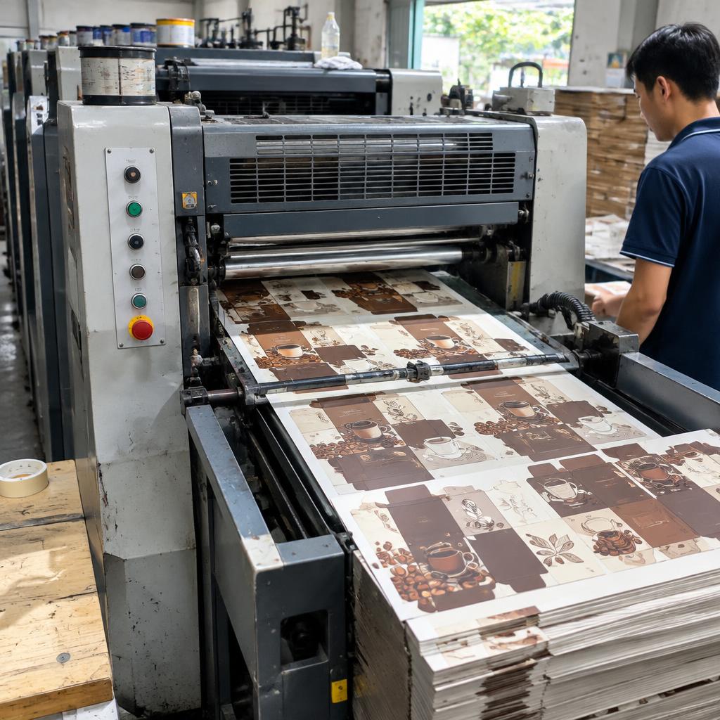 Máy in offset đang hoạt động, cho ra những mẫu hộp giấy đựng cà phê với màu sắc chuẩn xác và độ sắc nét cao
