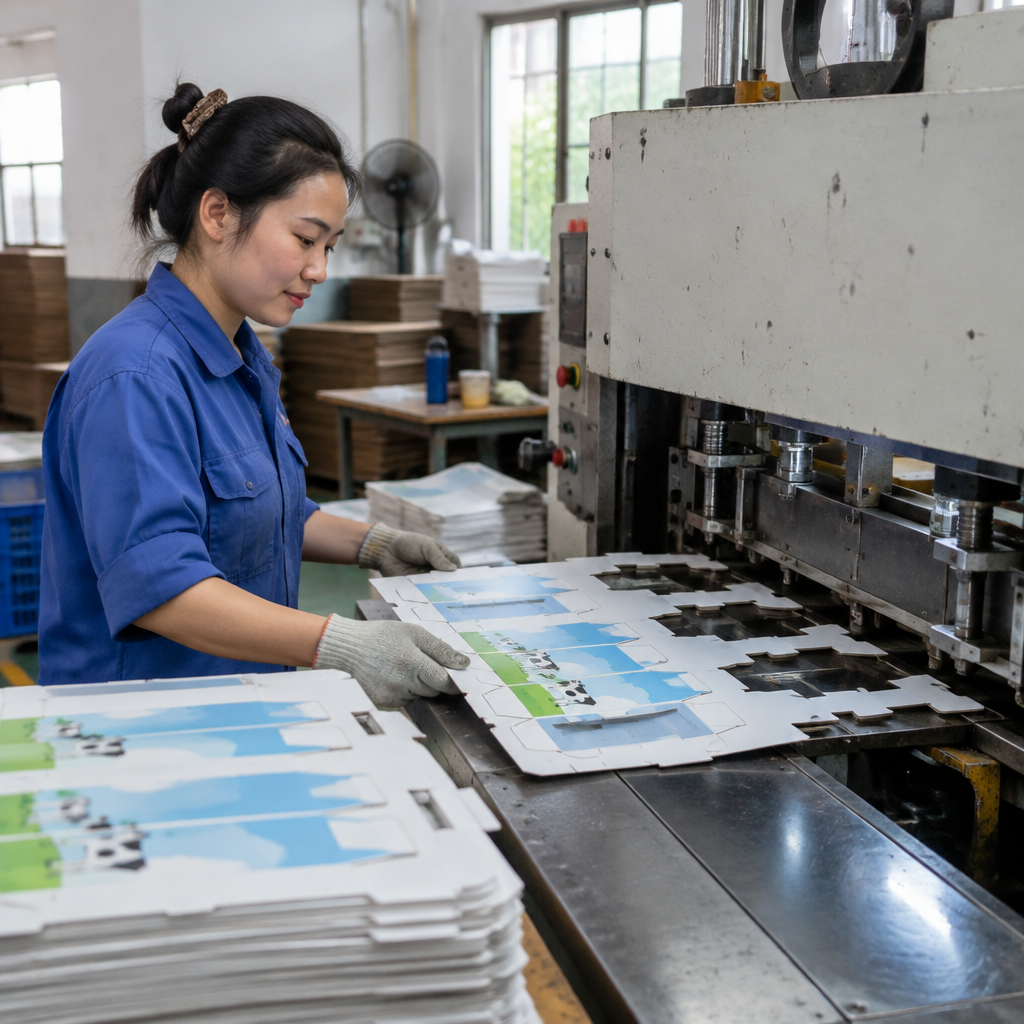 Khuôn bế đang cắt giấy thành hình dạng hộp sữa
