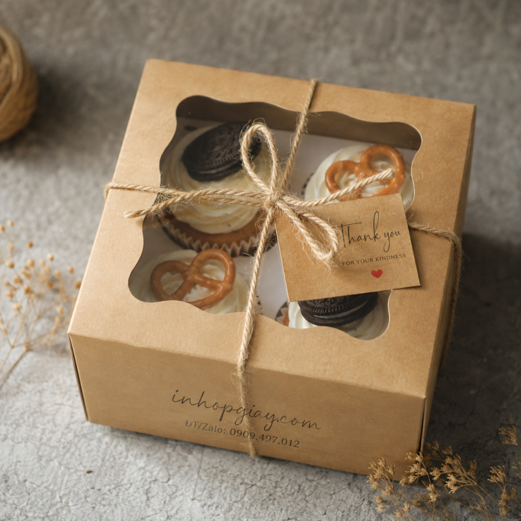 Hộp Cupcake Kraft Tối Giản Với Dây Thừng Rustic