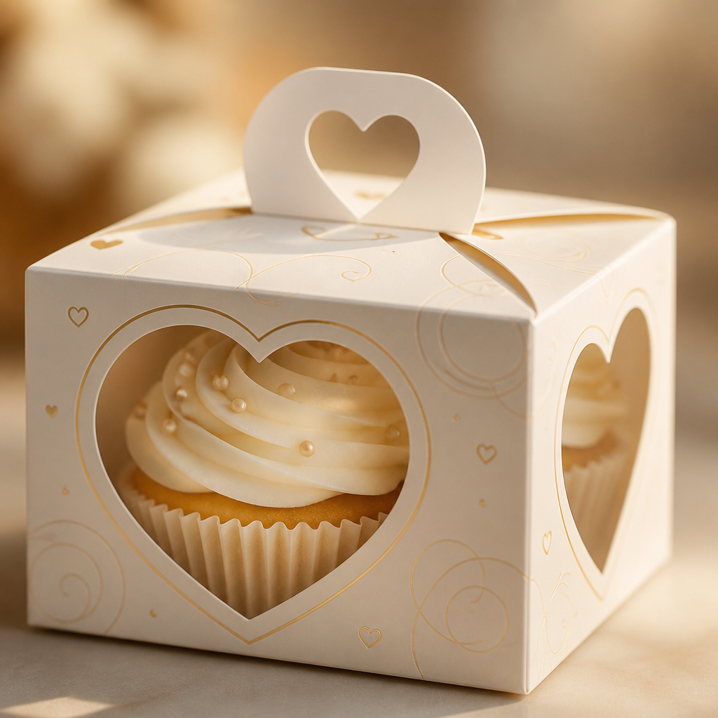 Mẫu hộp bánh cupcake đẹp 2026 với cửa sổ hình trái tim lãng mạn