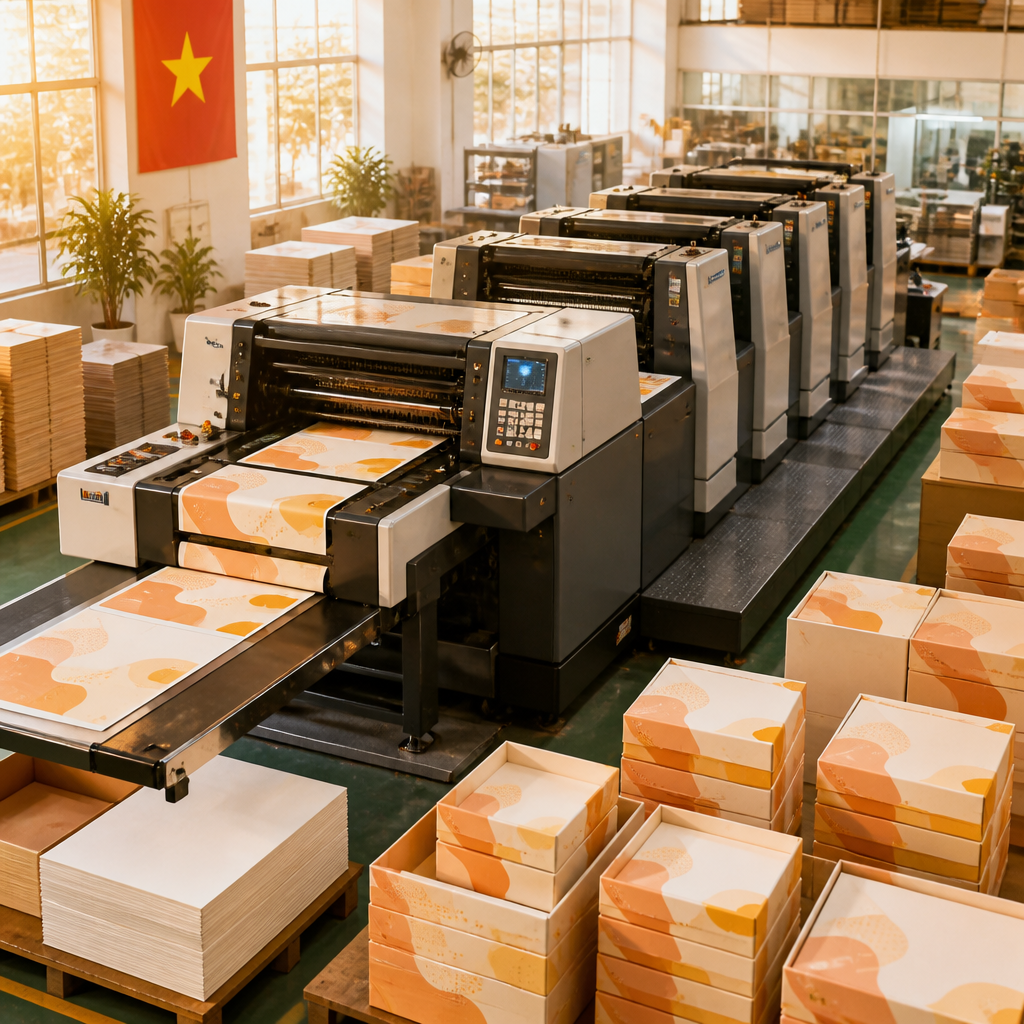Quy trình in ấn hộp đựng quà chuyên nghiệp tại xưởng sản xuất.