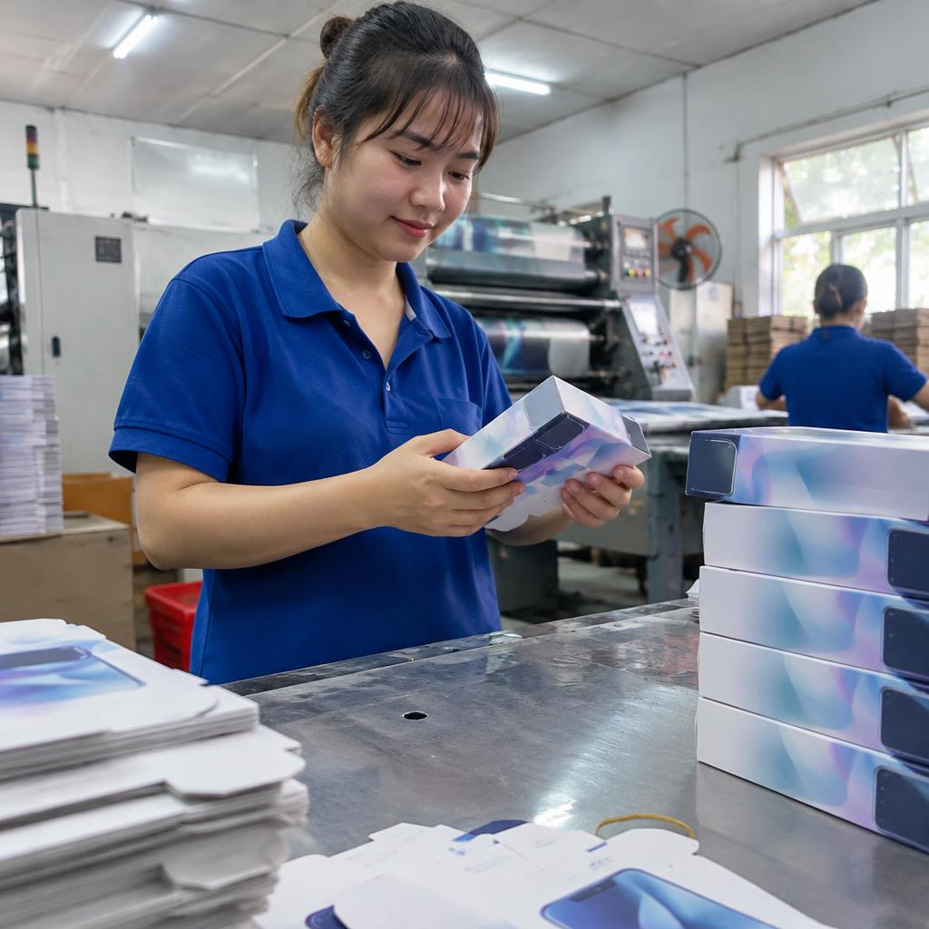 Quy trình in hộp giấy đựng điện thoại tại xưởng in, với máy móc hiện đại và công nhân kiểm tra chất lượng